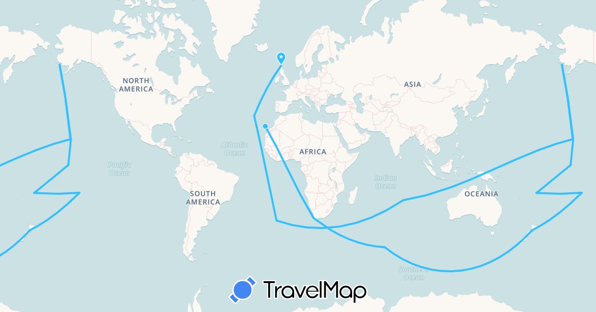 TravelMap itinerary: driving, boat in Spain, Fiji, Kiribati, New Zealand, French Polynesia, United States, South Africa (Africa, Europe, North America, Oceania)